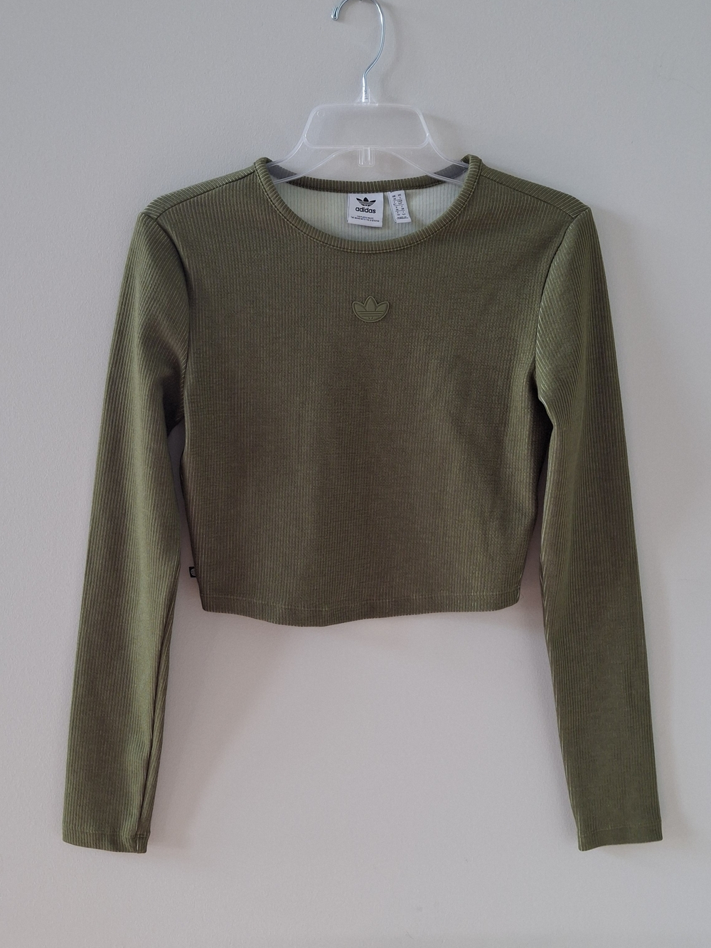 Adidas Women's Olive Green Ribbed Long-Sleeve Crop Top Size Small